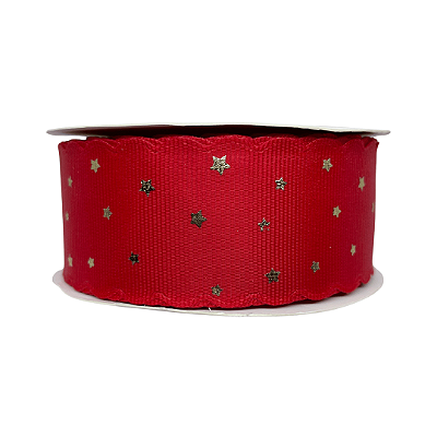 Fita Gorgurão Com Borda Ondulada e Estampa Estrela Dourada 38mm | Metro | Cor: Vermelho