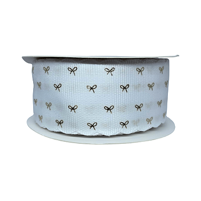 Fita Gorgurão Com Borda Ondulada e Estampa Laço Dourado 38mm | Metro | Cor: Branco