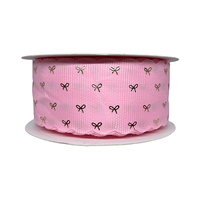 Fita Gorgurão Com Borda Ondulada e Estampa Laço Dourado 38mm | Metro | Cor: Rosa Bebê