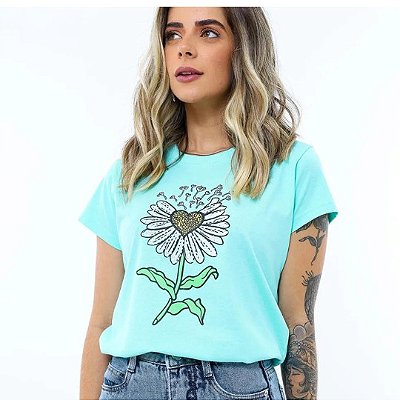 T-SHIRT MARGARIDA CORAÇÃO STRASS - VERDE ÁGUA