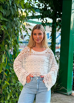 Blusa Renda Crochê Manga Boho Chic