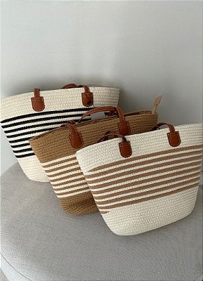 Bolsa Ibiza Média Listrada Bege e Marrom