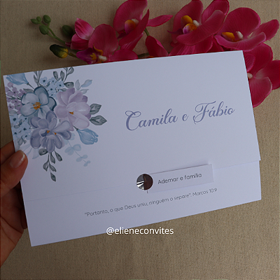 50 Convites de Casamento Floral Lavanda/Lilás com Lacre Adesivo Prata – Kit Completo