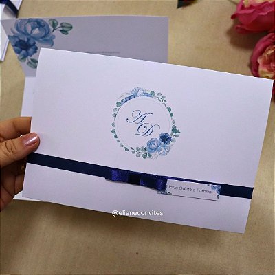 Convite de Casamento Floral Azul Marinho