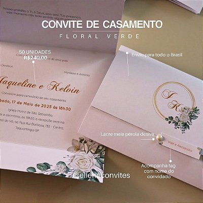50 Convites de Casamento Elegance Verde e Dourado