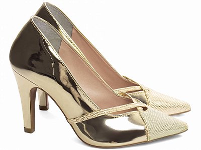Sapato Scarpin Salto Fino Médio Specchio Ouro Light Torricella AVS 68008A