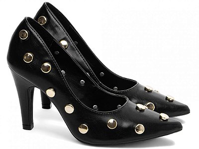 Sapato Scarpin Salto Fino Médio Preto Aplique Dourado Torricella AVS 68005A