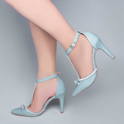 Sapato Scarpin Salto Alto Fino 9cm Verniz Azul com Detalhe em Pérolas Torricella AVS 66058D