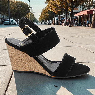 Sandália Anabela Plataforma 7cm Camurção Preto Salto Cortiça Conforto e Elegância AVS 4074A