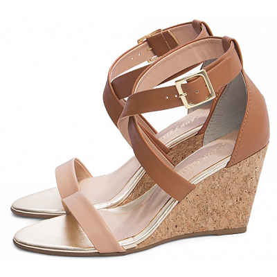 Sandália Anabela Plataforma 7cm Napa Caramelo e Bege Salto Cortiça Design Moderno AVS 4071A