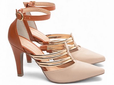 Sandália Scarpin Salto 9cm Napa Caramelo e Bege Tiras Ouro Light AVS Global 66082D