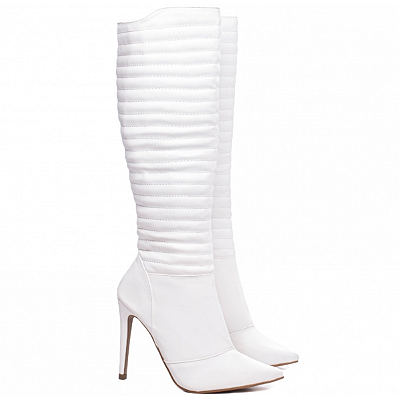 Bota Feminina Cano Alto Branca Salto Fino 12cm Matelassê Napa Torricella AVS 80005C