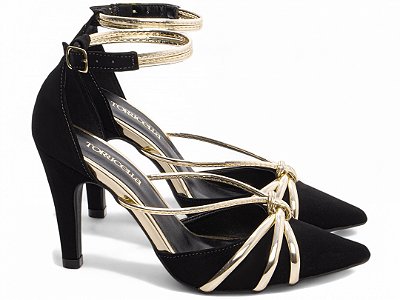 Scarpin Salto Fino Preto Torricella 9cm com Detalhes Metalizados Dourado AVS 67072A