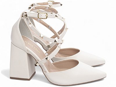Scarpin Salto Grosso Off White Torricella 8,5cm com Apliques Dourados AVS 66077C