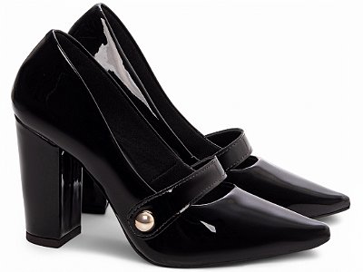 Sapato Scarpin Preto Verniz Salto Quadrado 9cm Detalhe Dourado Torricella AVS 65-13A