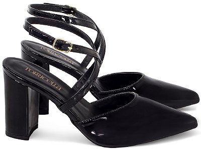 Sapato Scarpin Tira Cruzada Salto Bloco Grosso Verniz Preto Torricella AVS 125-1A