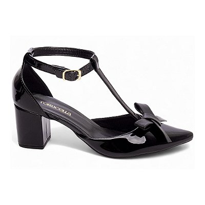 Sapato Feminino Salto Grosso Bico Fino com Laço Preto Verniz Torricella AVS 682A