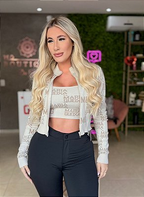 CROPPED  TRICOT   LOGO MARIA GUEIXA  PRETO / OFF WHITE