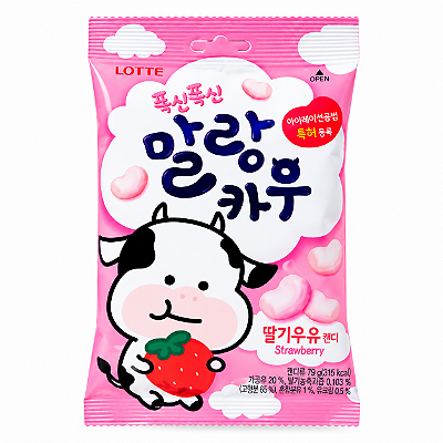 Bala de Leite Mastigável Coreana Sabor Morango Lotte Malang Cow 79g