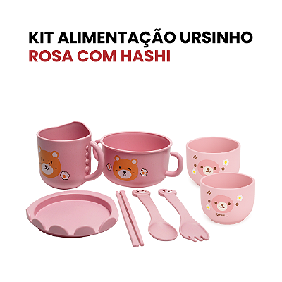 Kit Tigela Alimentação Ursinho Rosa Com Hashi Criança