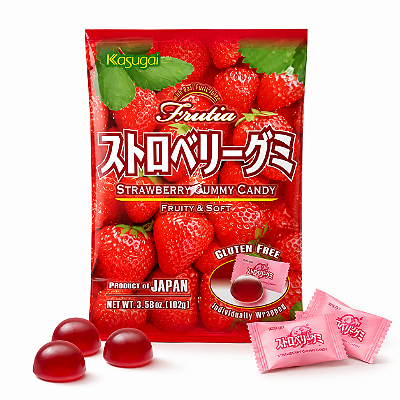 Bala Japonesa Kasugai Gummy Sabor Morango 102g