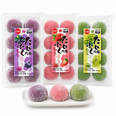 Kit 3 Mochi Bolinho de Arroz Recheado GW 220g – Morango, Uva e Blueberry