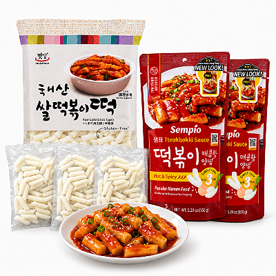 Kit Topokki Original Bolinho de Arroz Coreano Tteokbokki com Molho Hot & Spicy