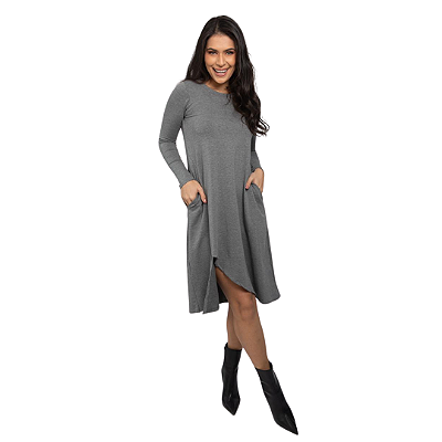 Vestido em Moletinho Midi Cinza Com Fenda e Manga Longa WDL