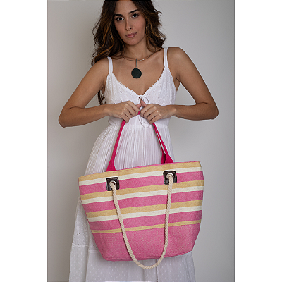 Bolsa de Praia Listas Rosa, Bege e Branca forrada com Zíper e Alça Cordão