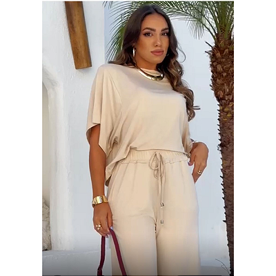 Conjunto de Blusa e Pantacourt em Viscolycra Bege