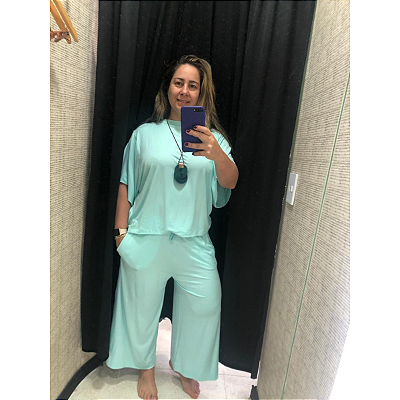 Conjunto de Blusa e Pantacourt em Viscolycra Verde Agua