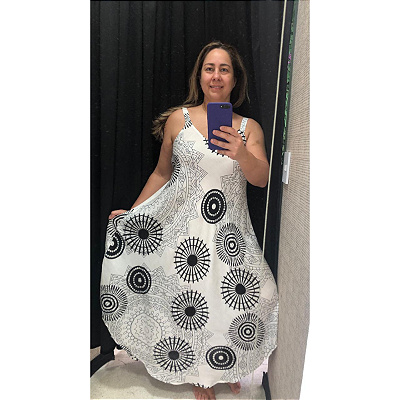 Vestido Trapézio Estampado em Viscose de Alça Branco e Preto