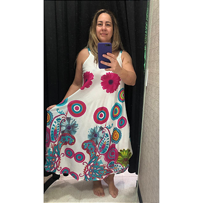Vestido Trapézio Estampado em Viscose de Alça Branco e Colorido