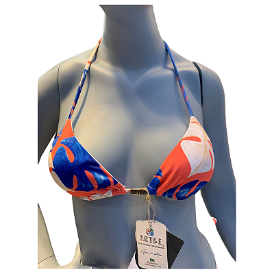 Top Cortininha Estampa Folhas Azuis e Laranja com Bojo Removível e Forro Duplo UVTRIBE