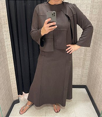 Conjunto de Saia, Regata e Casaco com Pespontos aparente Chocolate