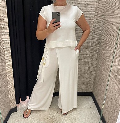 Calça Texturada em Malha Off White