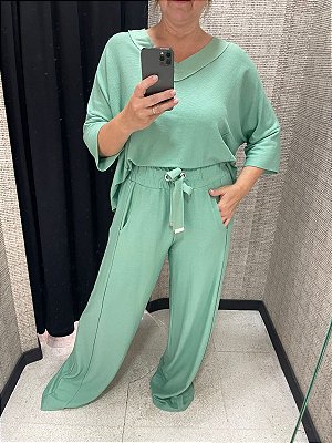 Conjuntos em malha levit, blusa decote V Verde - Tamanho GG