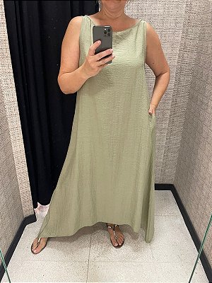 Vestido em linho, viscose e poliamida com almoças modelo evasê Verde - TAM único