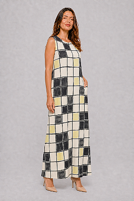 Vestido linha resort em viscose estampa quadriculada com bolso lateral sem manga - TAM único