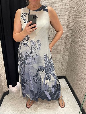 Vestido linha resort em viscose estampa resort com bolso lateral sem manga - TAM único