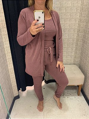 Conjunto Aerolook de 3 Pecas: regata, cardigan e calça em lãzinha rose - TAM G