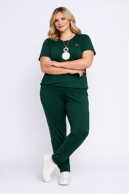 Conjunto blusa manga curta e calça em malha verde Plus Size