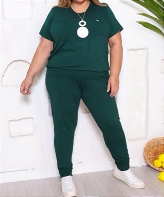 Conjunto blusa manga curta e calça em malha verde Plus Size