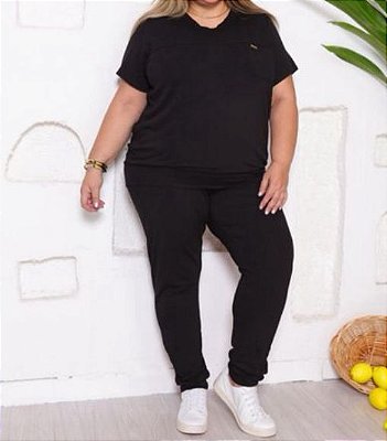 Conjunto blusa manga curta e calça em malha preto Plus Size