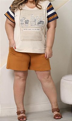 Conjunto de blusa manga curta e bermuda tons caramelo Plus Size