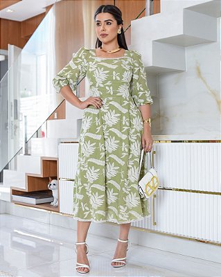 Vestido gode decote princesa e acabamento em guipir Oliva midi