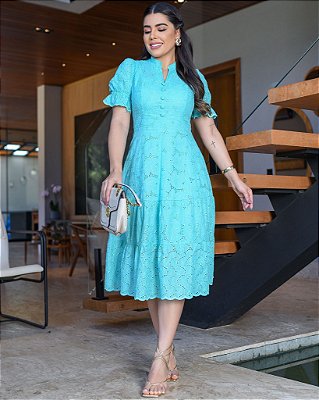 Vestido midi gola padre na Laise algodão Azul Turquesa com botões fake