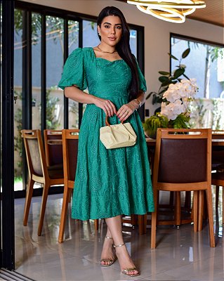Vestido manga balone midi Verde Elegante