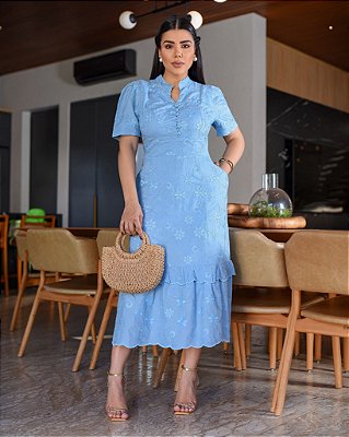 Vestido Bordado com Botões Funcional Azul Caribe