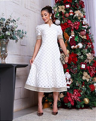Vestido Bordado Geométrico Branco OFf Midi